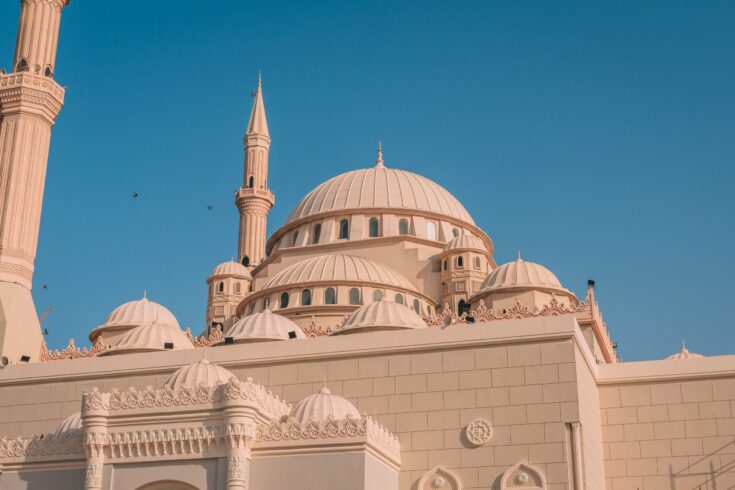 The Al Maghfirah Mosque in UAE with its domes and towers under the clear sky